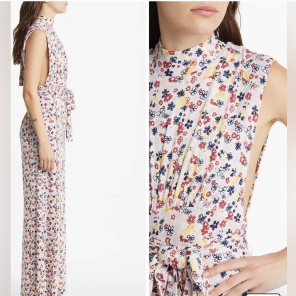 Free People Vibe Check Floral Waist Tie Jumpsuit Romper Small Boho Cottagecore - Picture 2 of 11